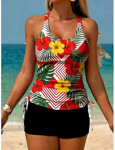 Swimwear Tankini 2 Piece High Waist Swimsuit Tummy Control High Waist Slim Backless Vacation Beach Wear U Neck Sleeveless Bathing Suits