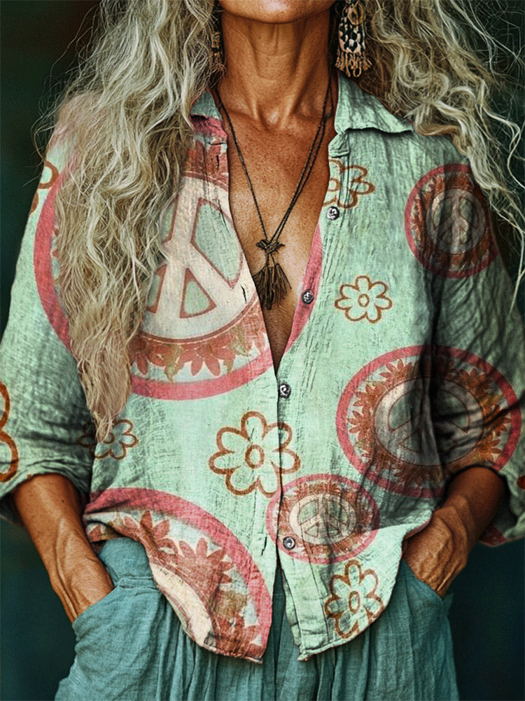 Women's Floral Hippie Pattern Art Print Casual Cotton Shirt