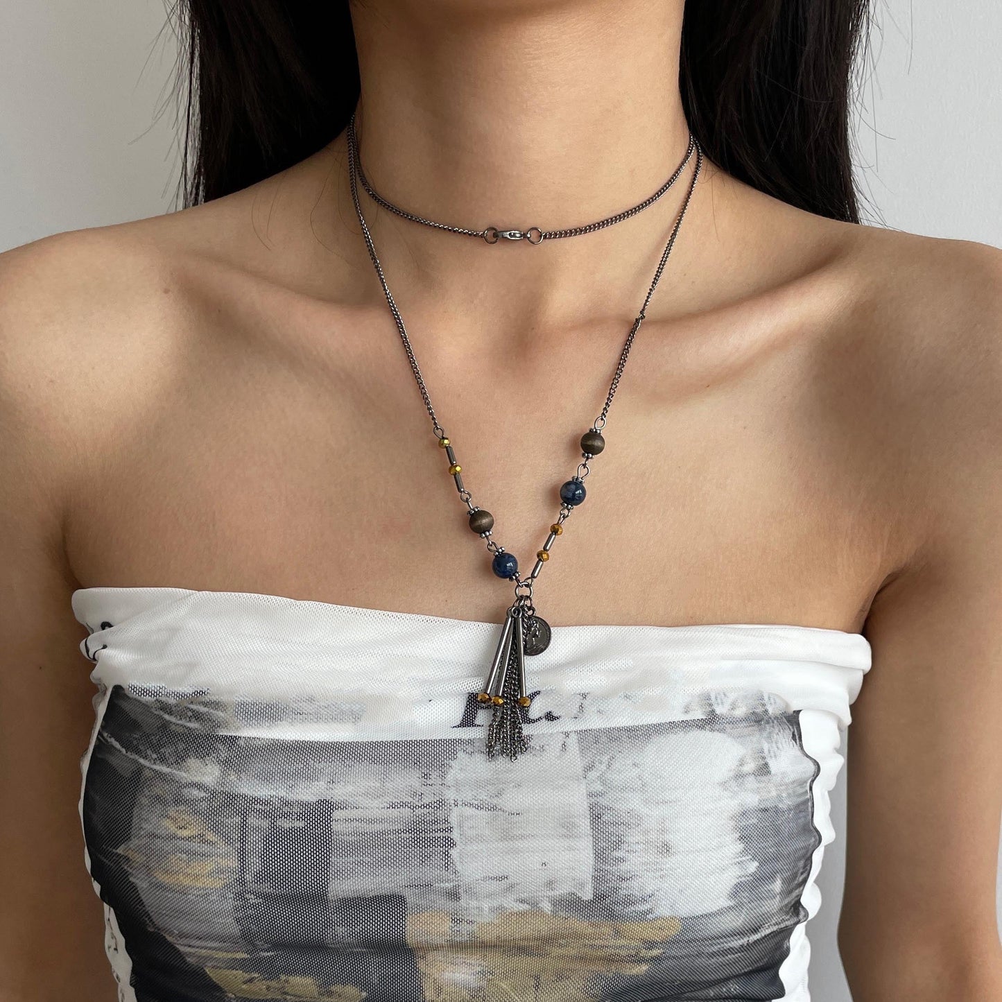 Bronze Metal Beading Tassel Pendant Necklace