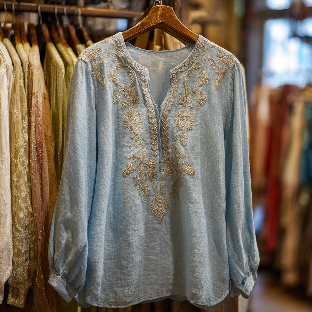 Women's Ethnic Floral Embroidered Casual Linen Shirt elevenforest