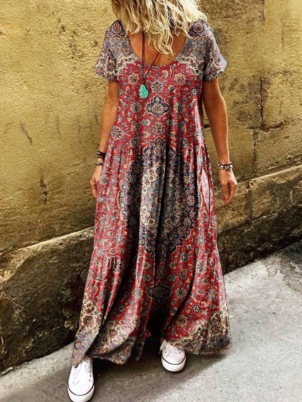 Women's Ethnic Pattern Art Printed Pocket Short Sleeve Cotton Dresses