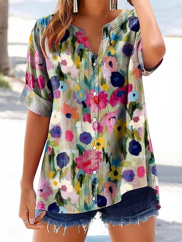 Women's Vintage Floral Art Print Casual Cotton And Linen Shirt