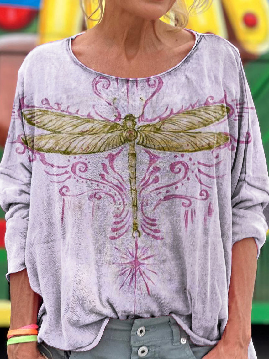 Women's Bohemian Dragonfly Art Print Casual Long Sleeve T-shirt