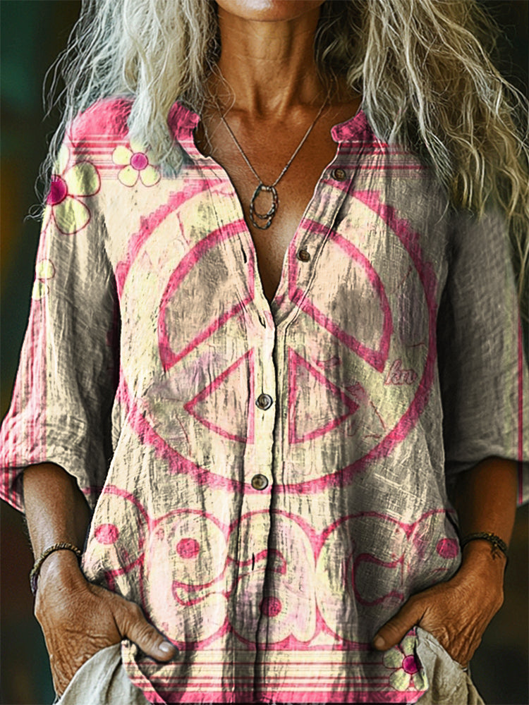 Women's Hippie Peace Art Print Casual Cotton Linen Shirt