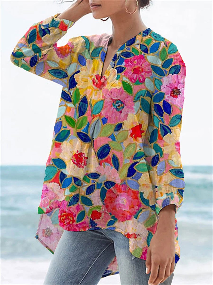 Women's Flower Print Casual Linen V-neck Shirt