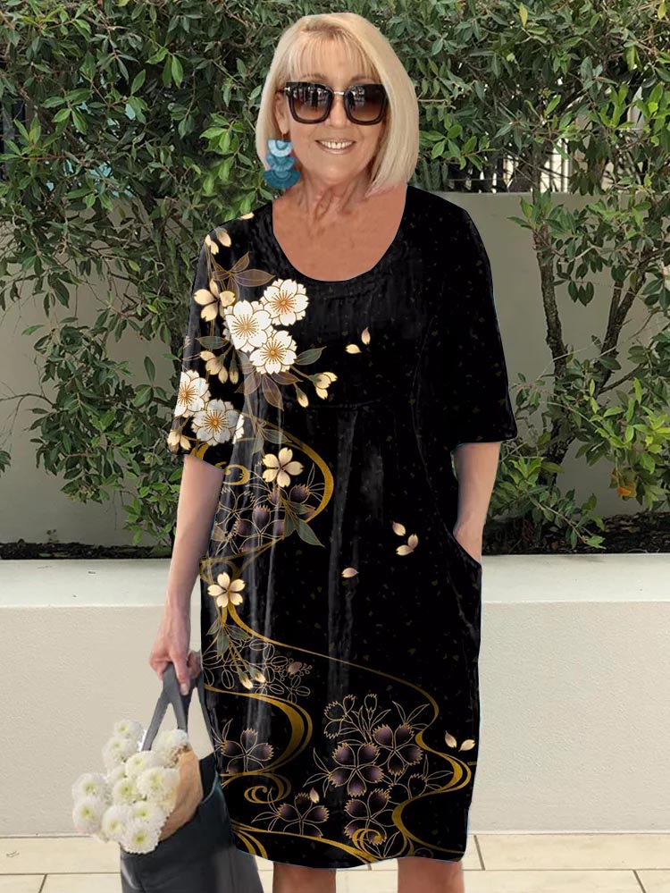 Vintage Floral Art Casual Pocket Dress