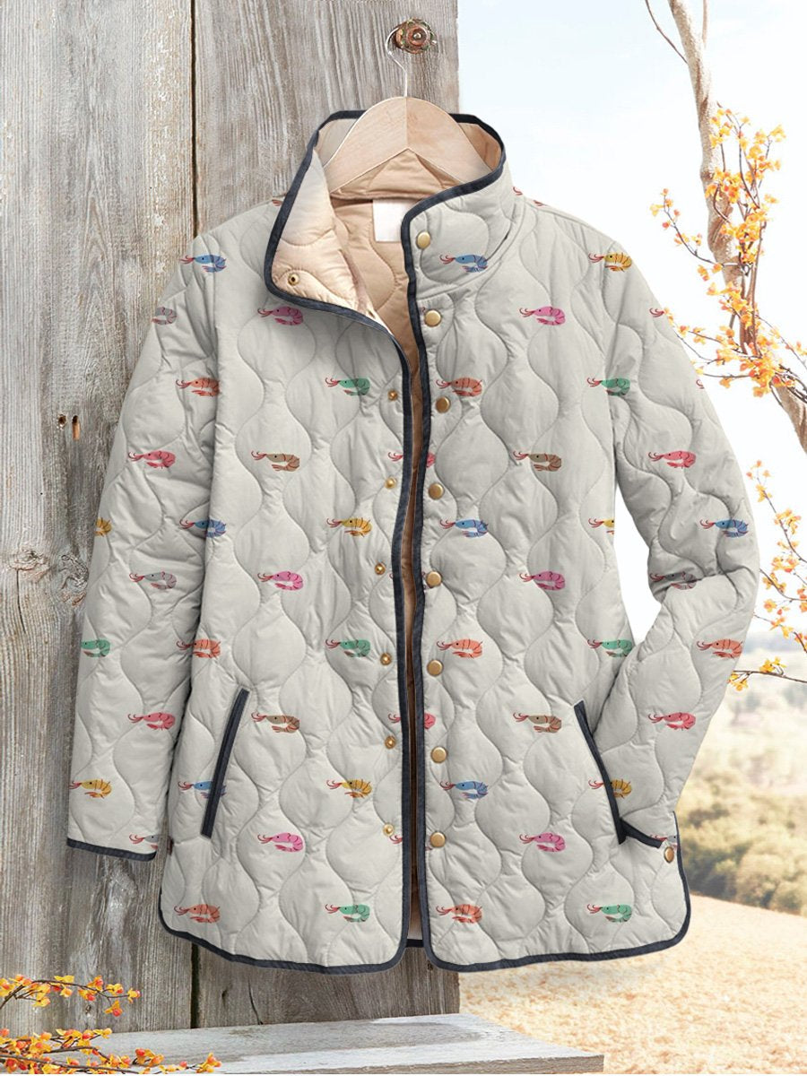 Petite Cartoon Shrimp Pattern Printed Women's Casual Quilted Cardigan