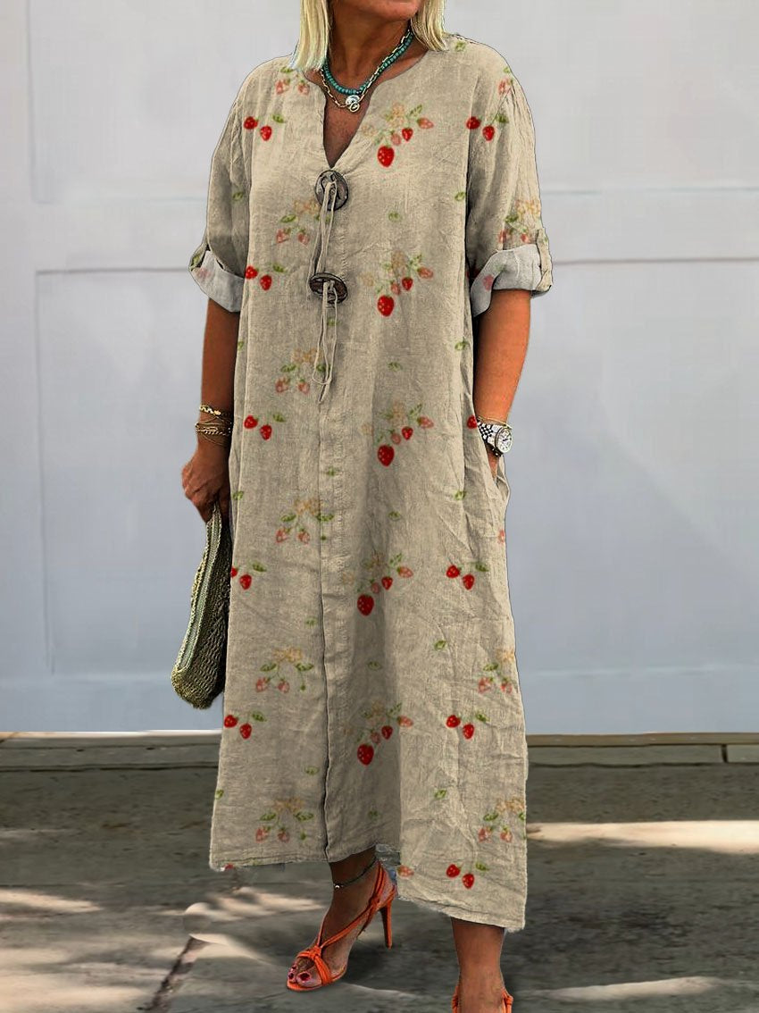 Women's Vintage Lovely Strawberry Art Print Pocket Cotton Dress