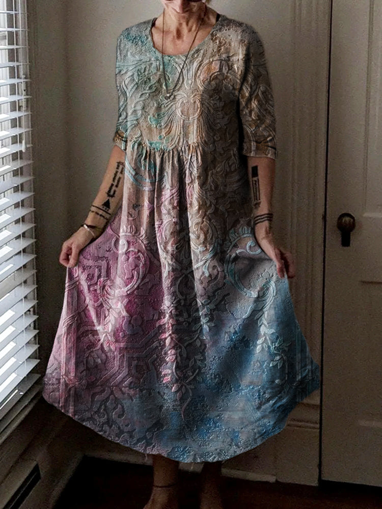 Women's Vintage Floral Texture Art Print Pocket Cotton Dress