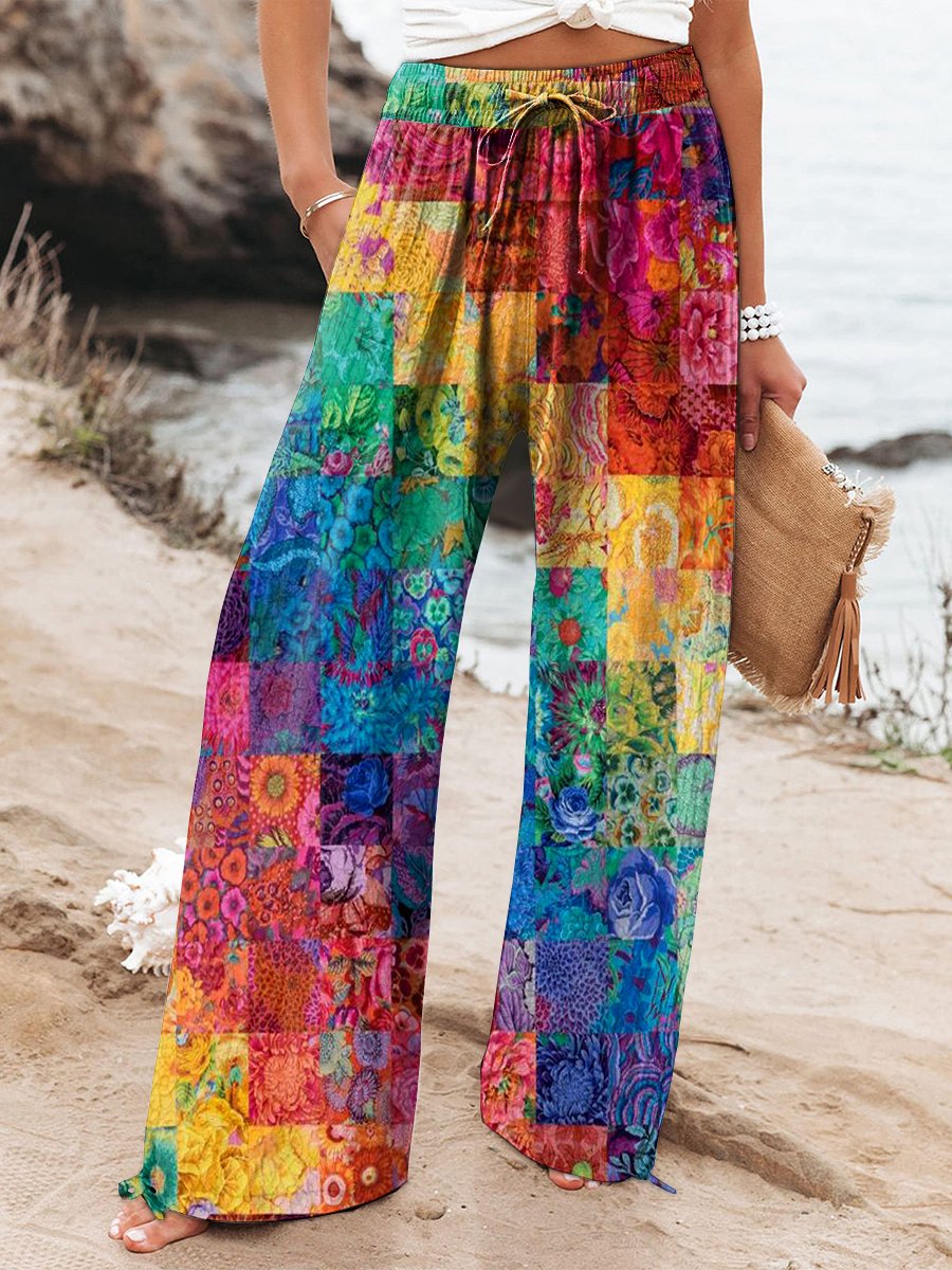 Women's Colorful Rainbow Square Illustration Print Cotton And Linen Casual Pants