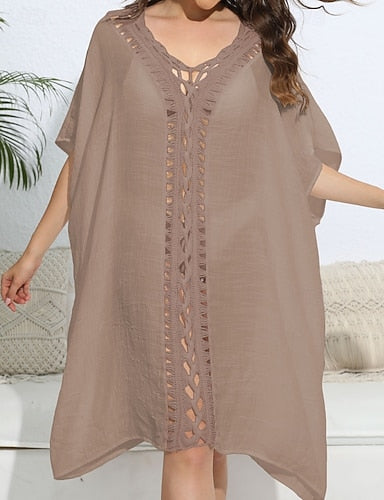 Swimwear Cover Up Swim Dress Rash Guard Swimsuit Cut Out Vacation Beach Wear Color V Neck Short Sleeves Bathing Suits