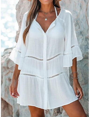Swimwear Cover Up Swim Dress Swimsuit Cut Out Vacation Beach Wear Color V Neck Long Sleeve Bathing Suits
