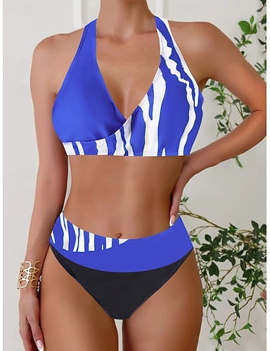 Bikini 2 Piece Swimsuit Cheeky Slim Backless Vacation Beach Wear Geometric Color Block V Neck Sleeveless Bathing Suits