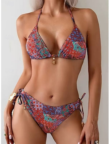 Bikini 2 Piece Swimsuit Tie Side Slim Backless Vacation Beach Wear Color Block Halter Neck Sleeveless Bathing Suits