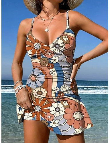 Swimwear One Piece Skirt Swimsuit Vacation Graphic V Neck Sleeveless Bathing Suits