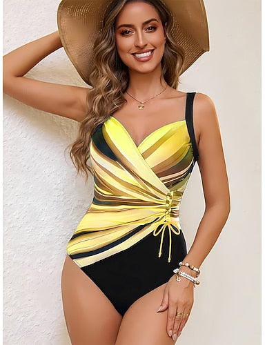 One Piece Swimsuit Slimming Ruched Briefs Vacation Graphic Geometic V Neck Sleeveless Bathing Suits