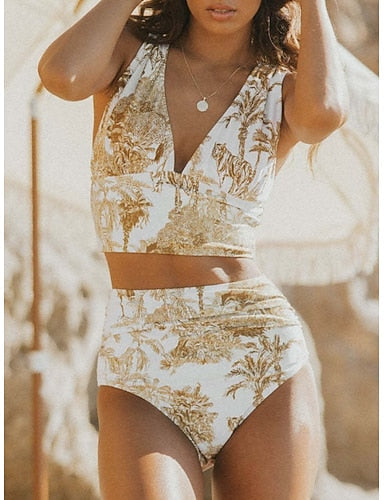 Bikini 2 Piece Swimsuit Ruched Palm Briefs Backless Slim Vacation Beach Wear Tropical V Neck Sleeveless Bathing Suits