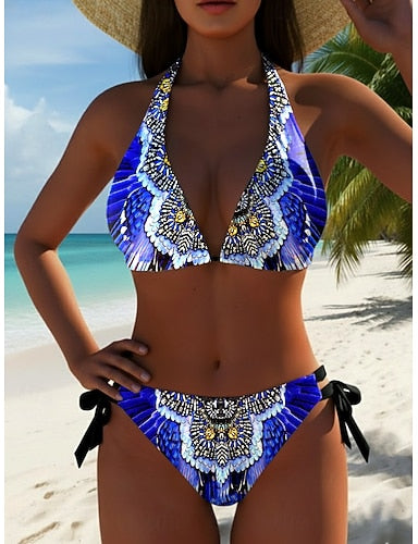 Bikini 2 Piece Swimsuit Cheeky Slim Backless Vacation Animal Geometric V Neck Sleeveless Bathing Suits