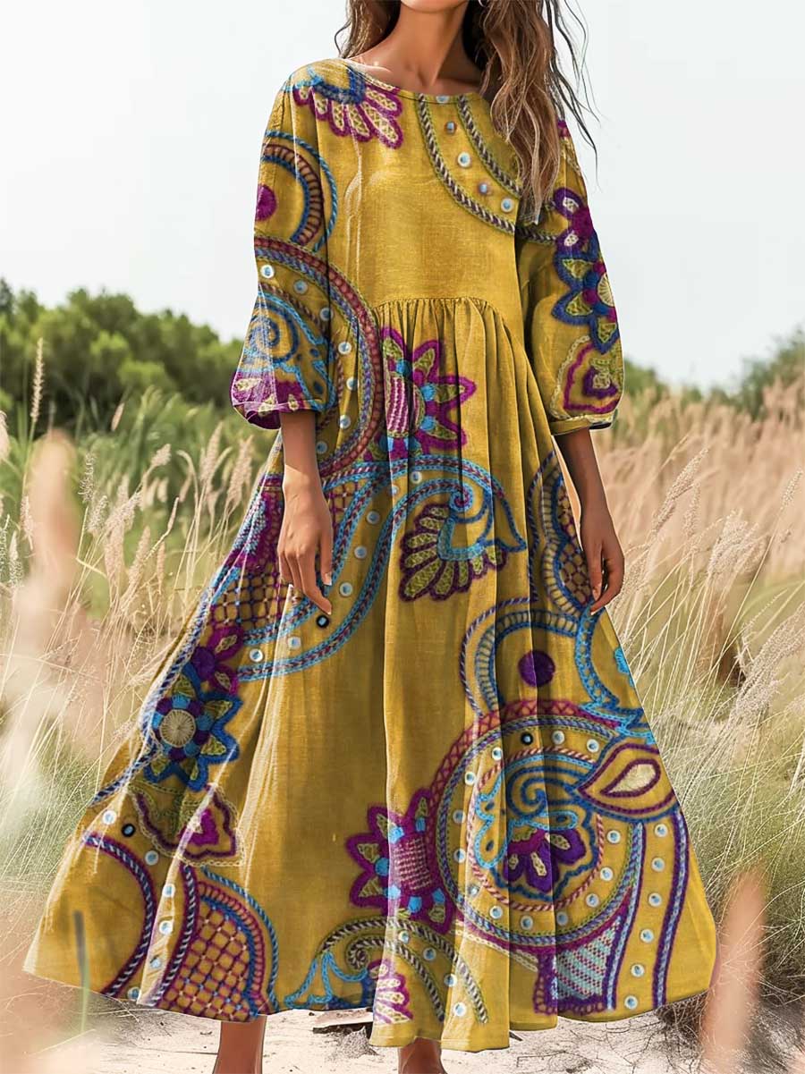 Women's Floral Art Print Cotton Crew Neck Dress