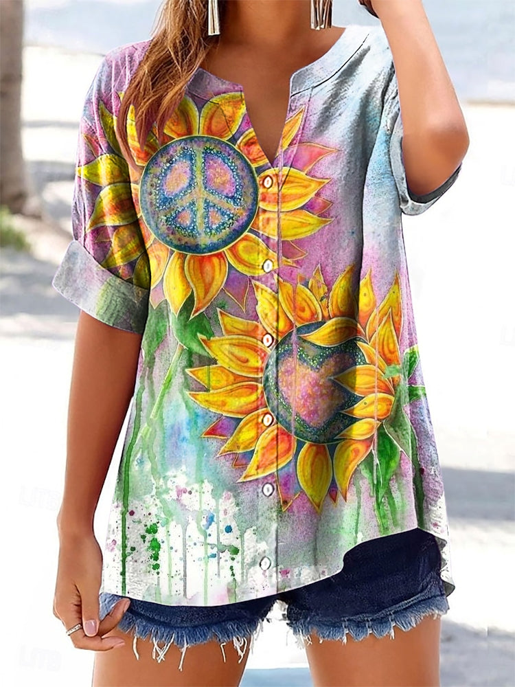 Women's Hippie Peace Sunflower Art Print Casual Cotton and Linen Shirt