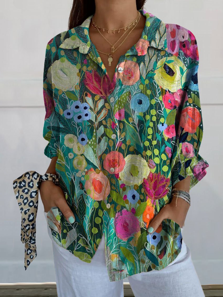 Women's Vintage Flower Print Casual Linen V-neck Shirt