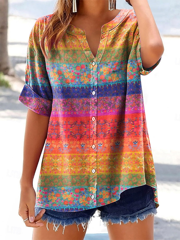 Women's Colorful Bohemian Floral Collage Art Print Short Sleeve Cotton