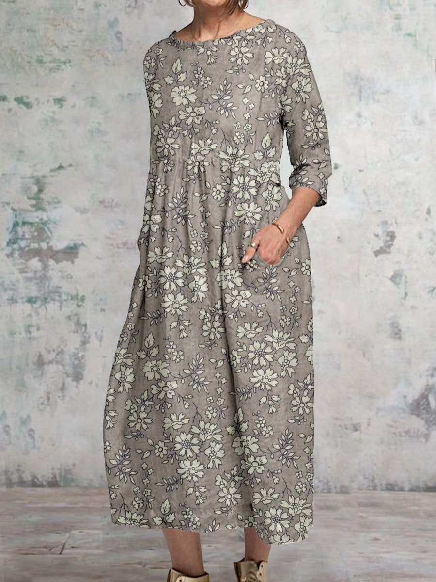 Women's Classic Floral Pattern Round Neck Cotton and Linen Top with Pockets