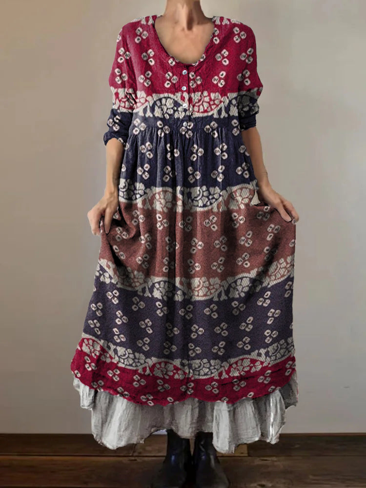 Women's Floral Patchwork Art Print V-Neck Button Pocket Cotton Dress