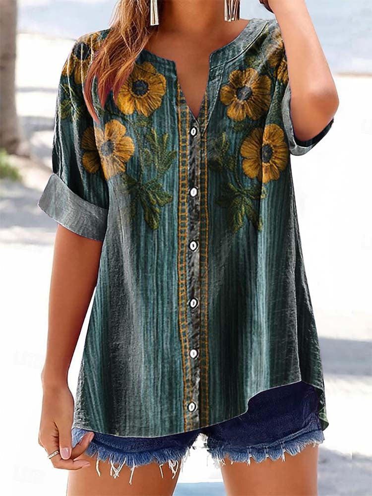Women's Vintage Floral Pattern Art Print Casual Cotton Linen Shirt
