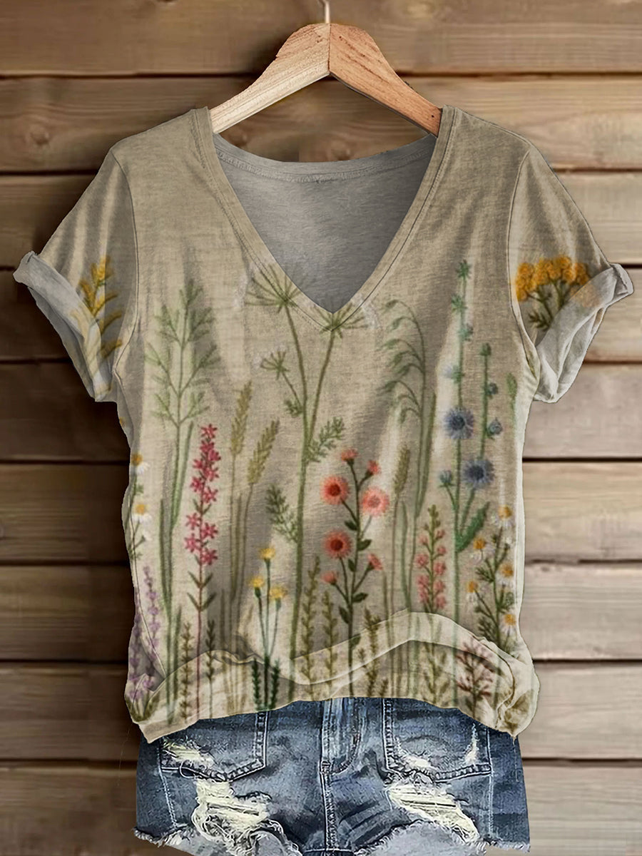 Women's Vintage Floral Art Print V-neck Casual T-Shirt