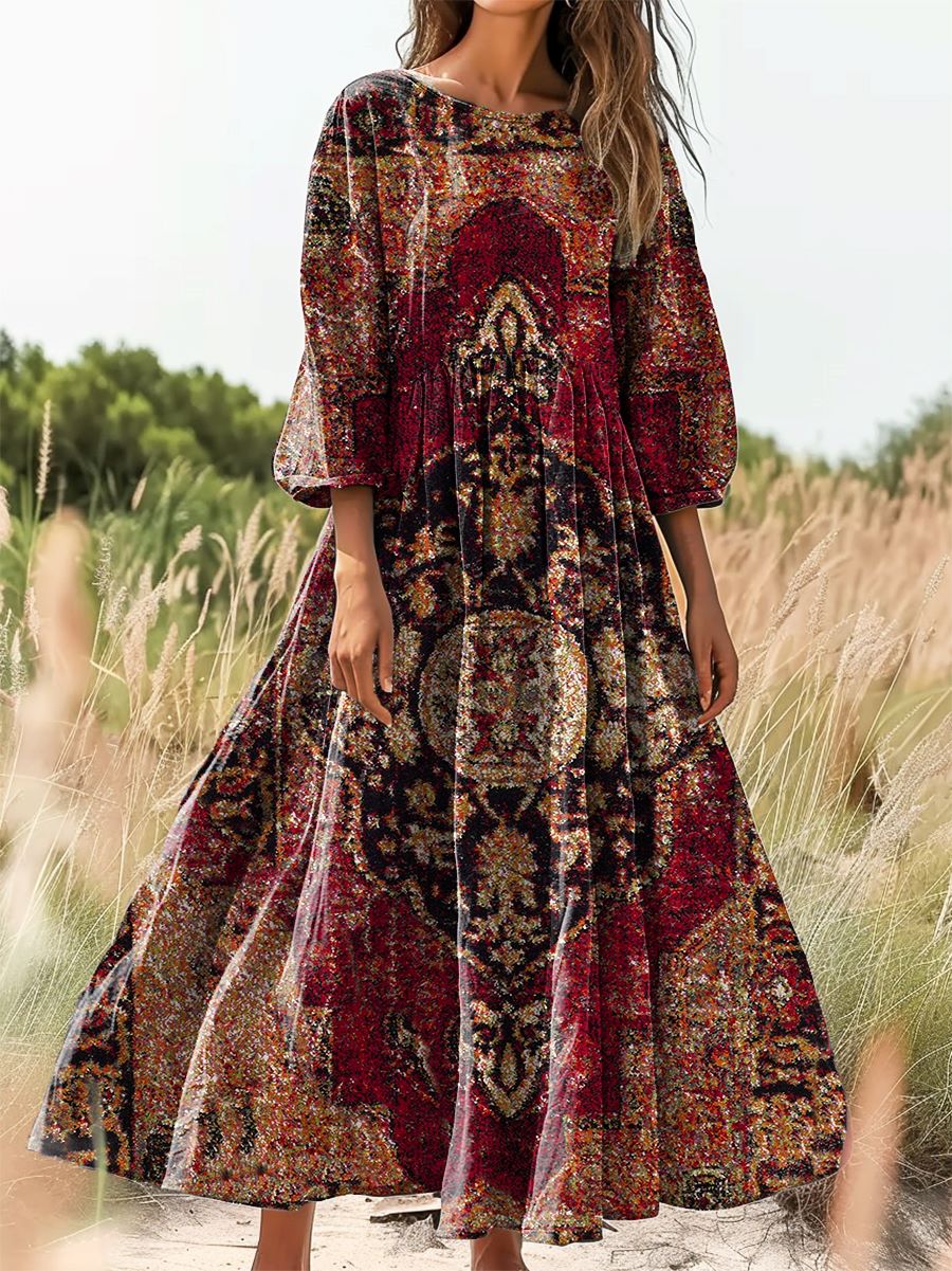 Women's Ethnic Tattoo Pattern Art Print Cotton Round Neck Dress