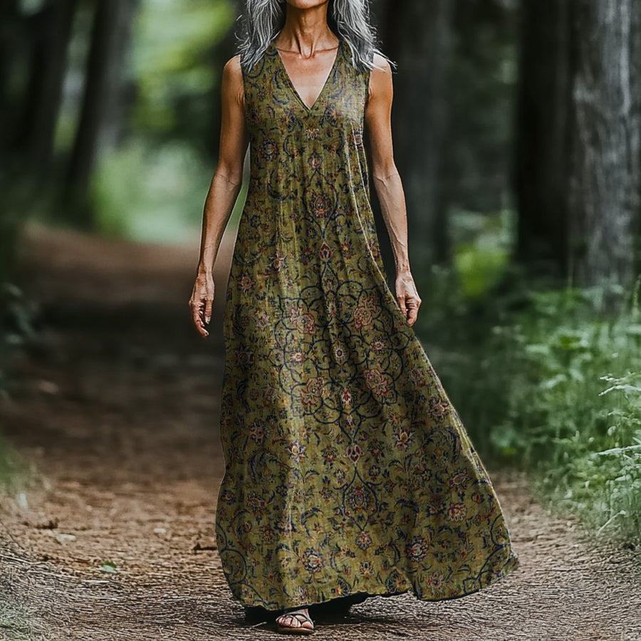 Women's Retro Ethnic Totem Art Pattern Print V-neck Sleeveless Pocket