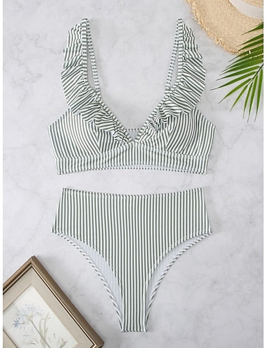 Swimwear Bikini 2 Piece Briefs Swimsuit Ruffle Slim Backless Vacation Beach Wear Striped V Neck Sleeveless Bathing Suits