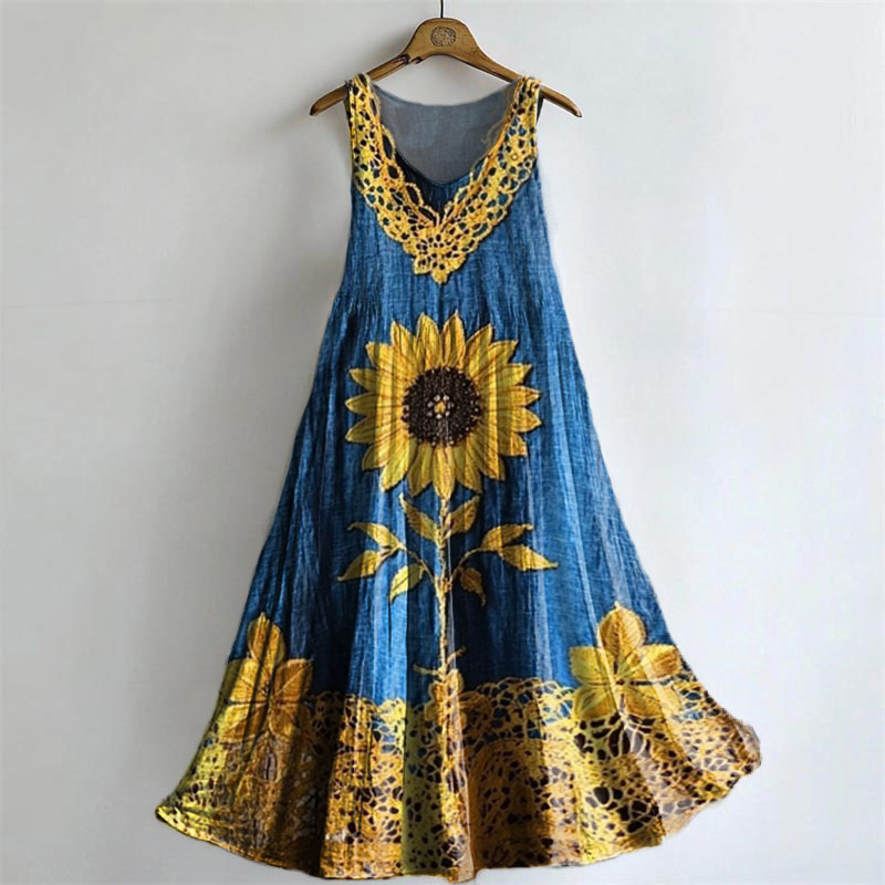 Women's Sunflower Lace Embellished Pattern Art Print Sleeveless Cotton