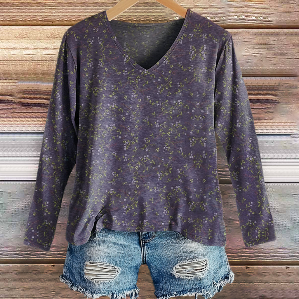 Women's Vintage Floral Art Print Casual V-neck Long Sleeve T-shirt