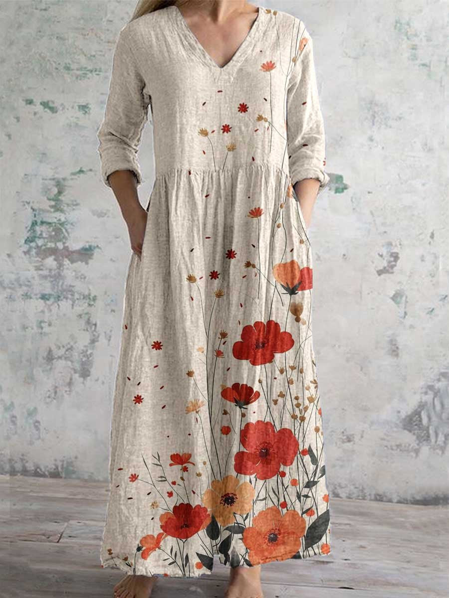 Women's Elegant Floral V-Neck Cotton Dress