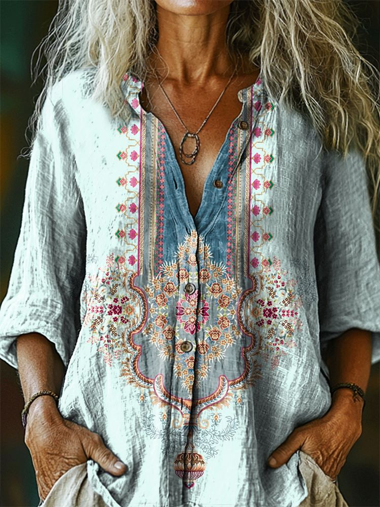 Women's Vintage Ethnic Tattoo Pattern Art Print Casual Cotton Linen Sh