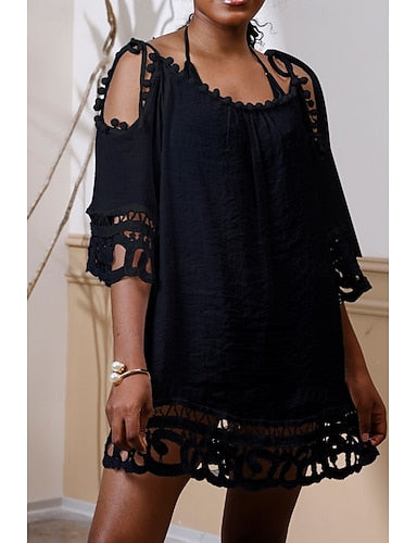 Swimwear Cover Up Swimsuit Cut Out Vacation Beach Wear Plain Round Neck Short Sleeves Bathing Suits