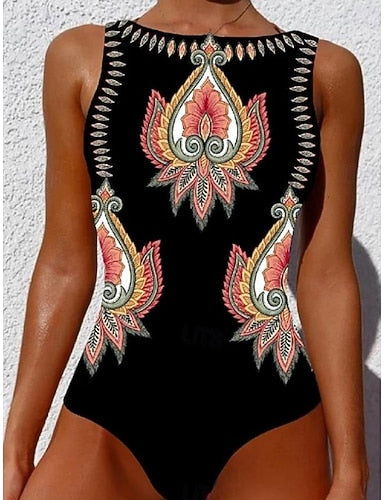 One Piece Swimsuit Slimming Monokini Backless Tummy Control High Waist Slim Vacation Beach Wear Geometric Round Neck Sleeveless Bathing Suits