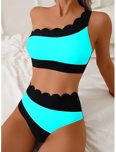 Bikini 2 Piece Swimsuit One Shoulder Colorblock Cheeky Tummy Control High Waist Slim Backless Vacation Beach Wear Color V Neck Sleeveless Bathing Suits
