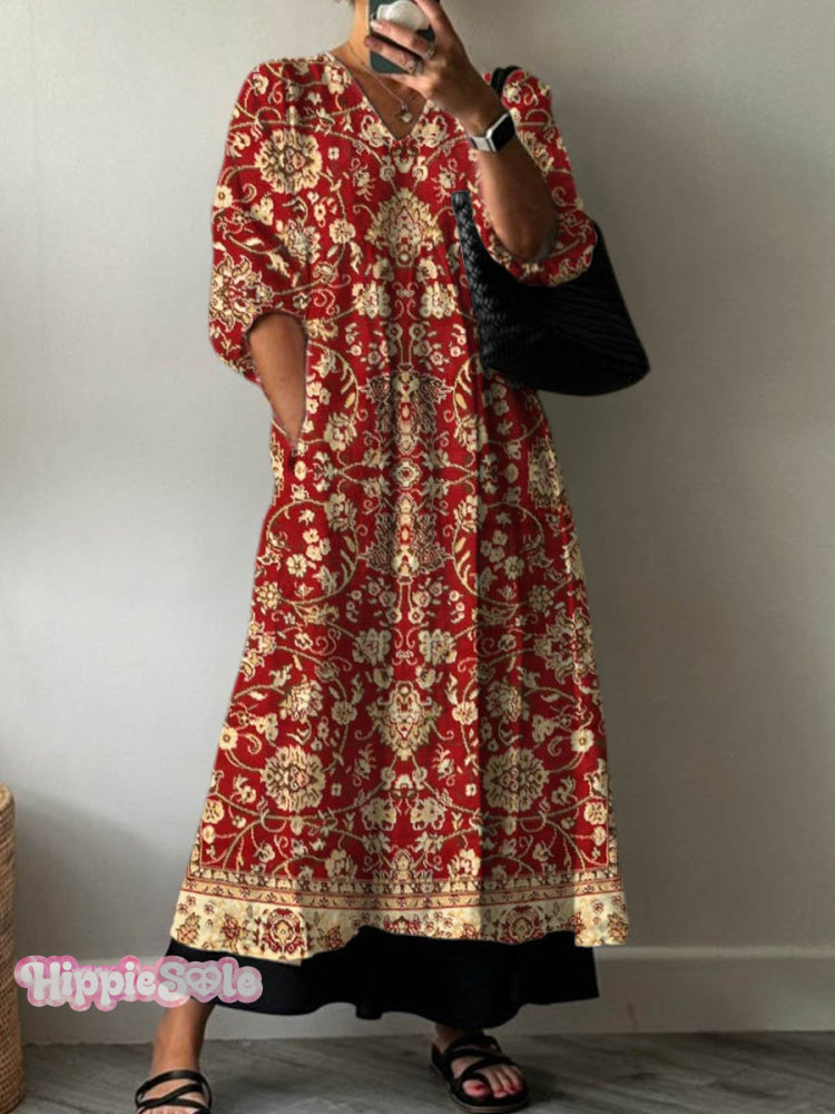 Women's Vintage Lovely Floral Art Print Pocket V-neck Cotton Dress