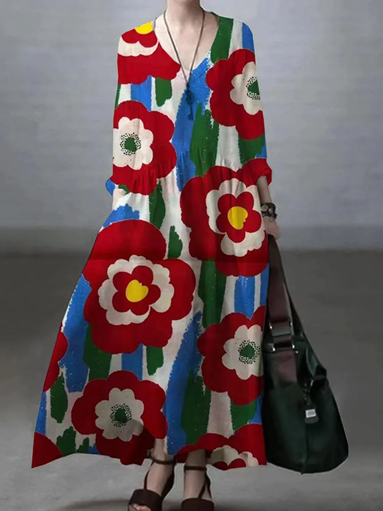 Casual Japanese Art Flowers Print V-Neck Long Sleeve Midi Dress
