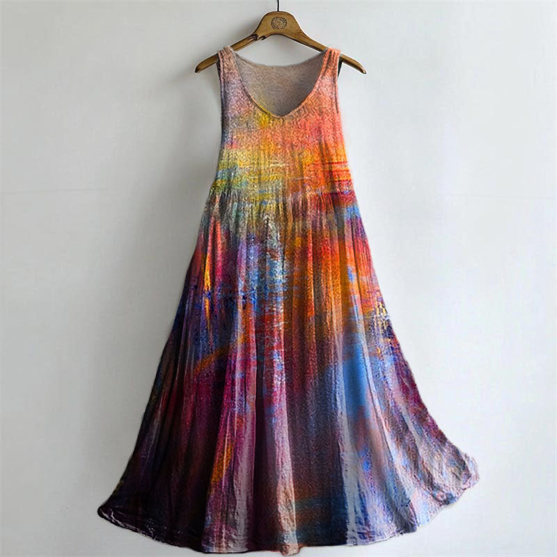 Women's Colorful Tie-Dye Pattern Art Print Sleeveless Cotton Pocket Dr