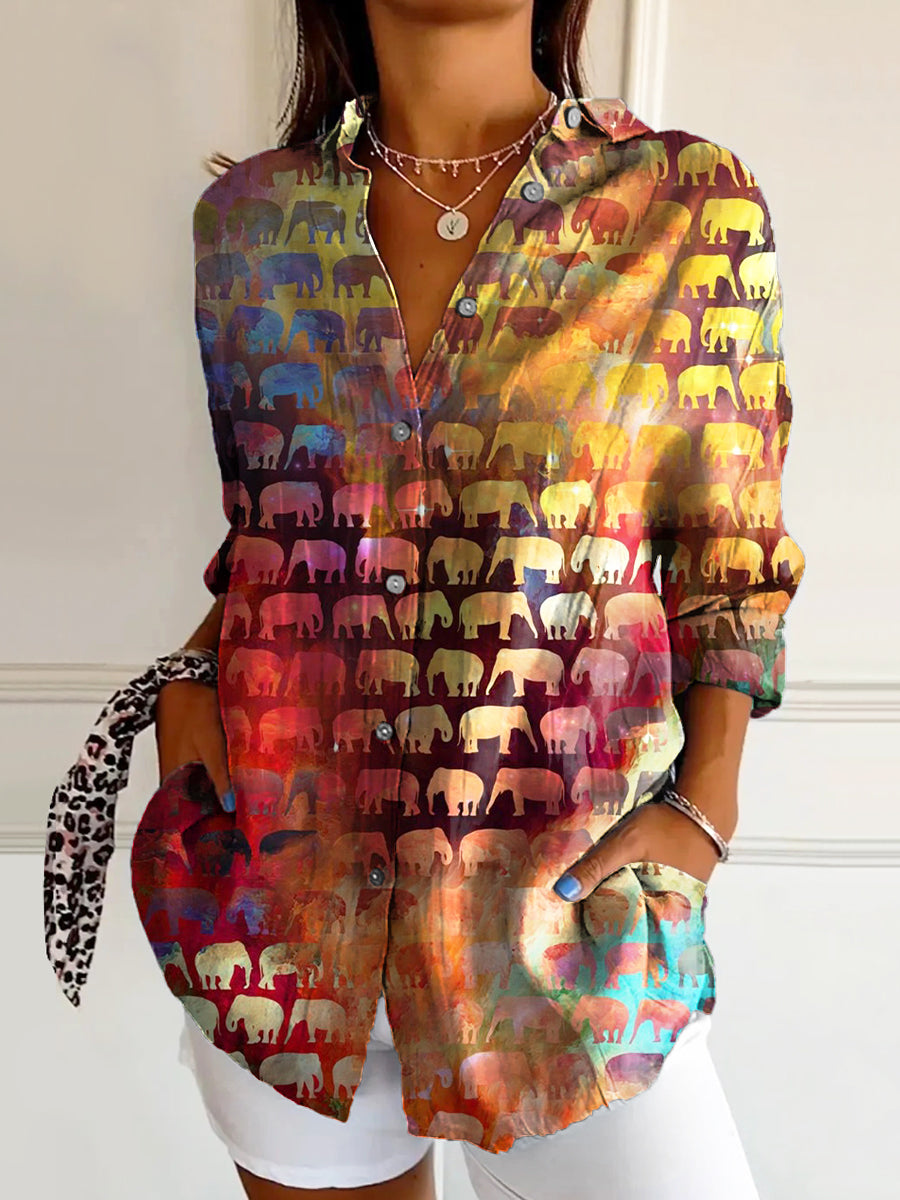 Women's Vintage Ethnic Elephant Art Print Casual Cotton Shirt