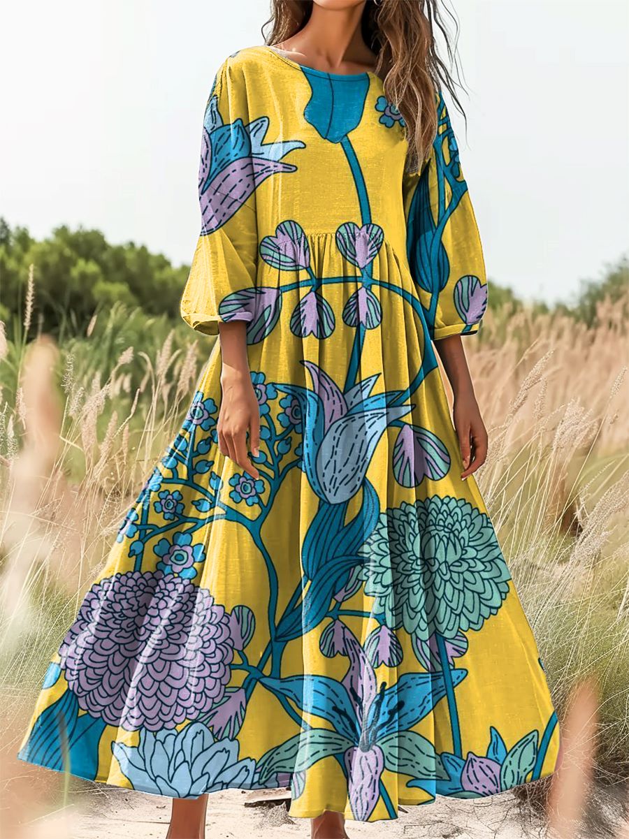 Women's Floral Art Print Cotton Crew Neck Dress