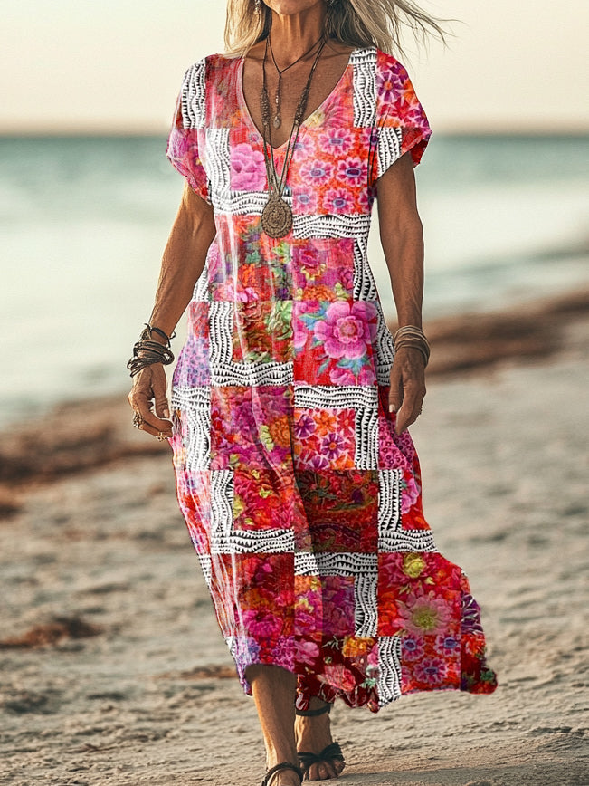Women's Vintage Floral Art Print Pocket Cotton Dress