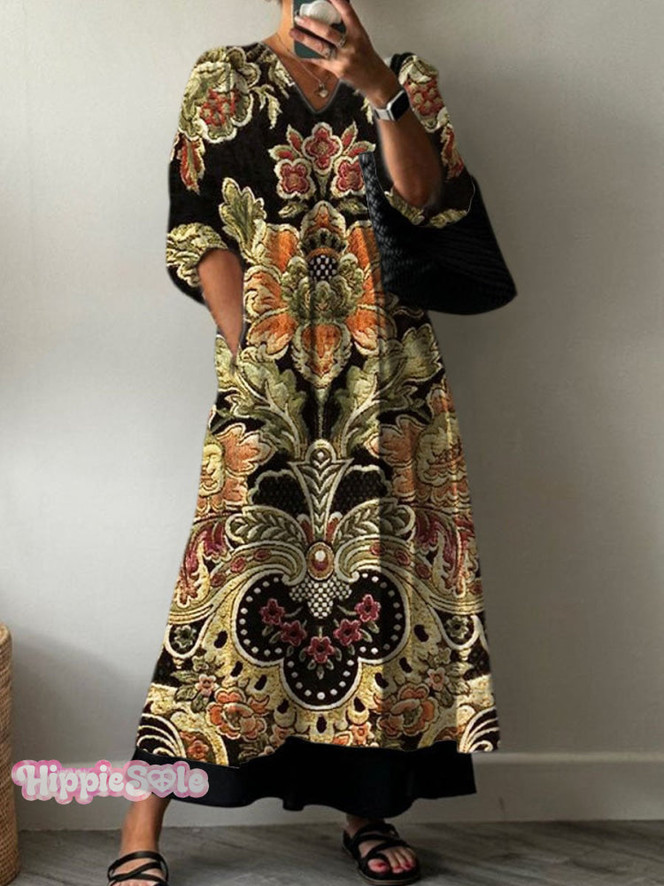 Women's Vintage Lovely Floral Art Print Pocket V-neck Cotton Dress