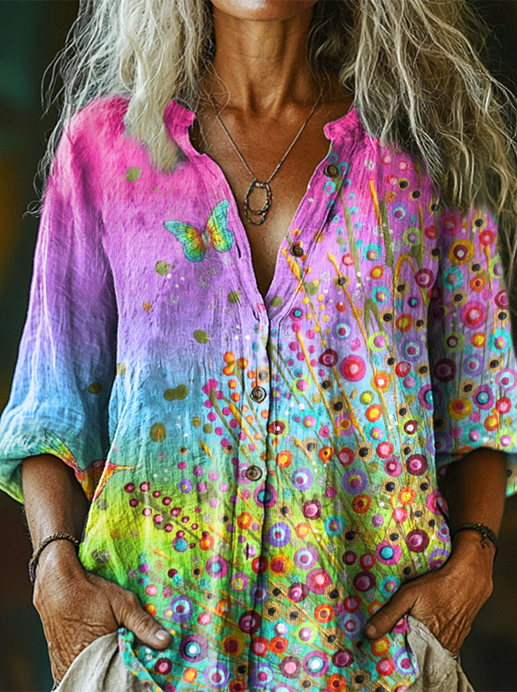 Women's Artistic Floral Colorful Print Long Sleeve Shirt