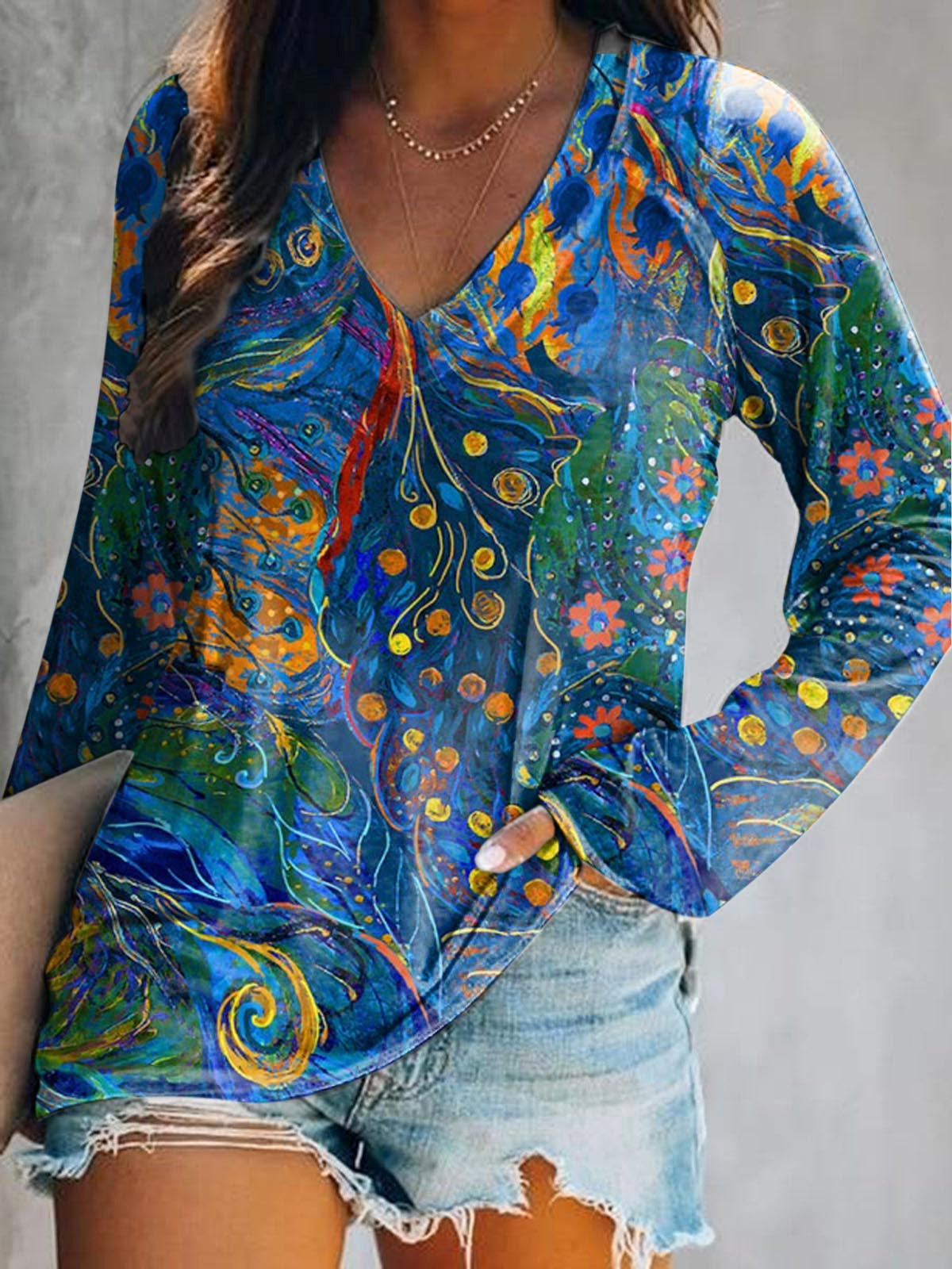 Women's Colorful Ethnic Floral Art Print Casual V-Neck Long Sleeve T-S