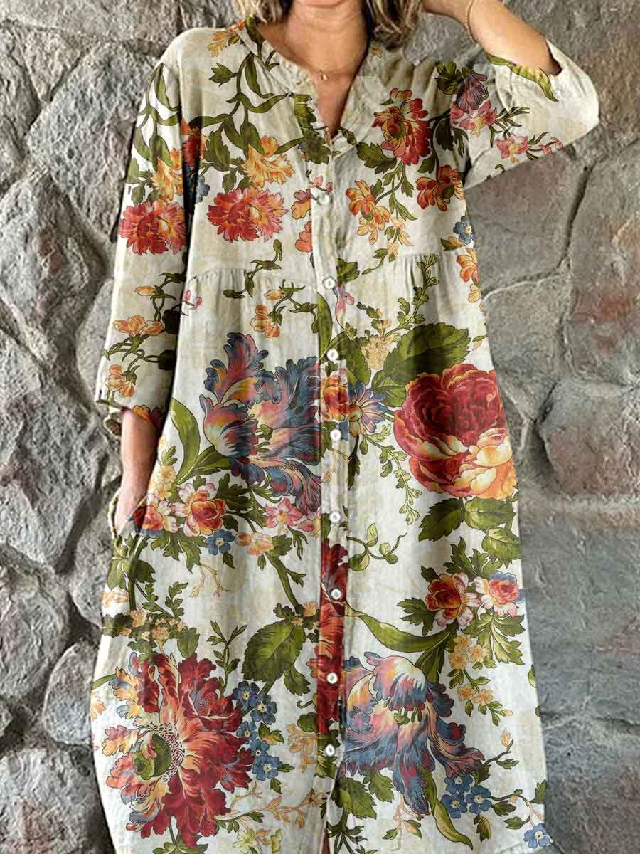 Women's Elegant Vintage Rose Floral Print Shirt Style Cotton and Linen